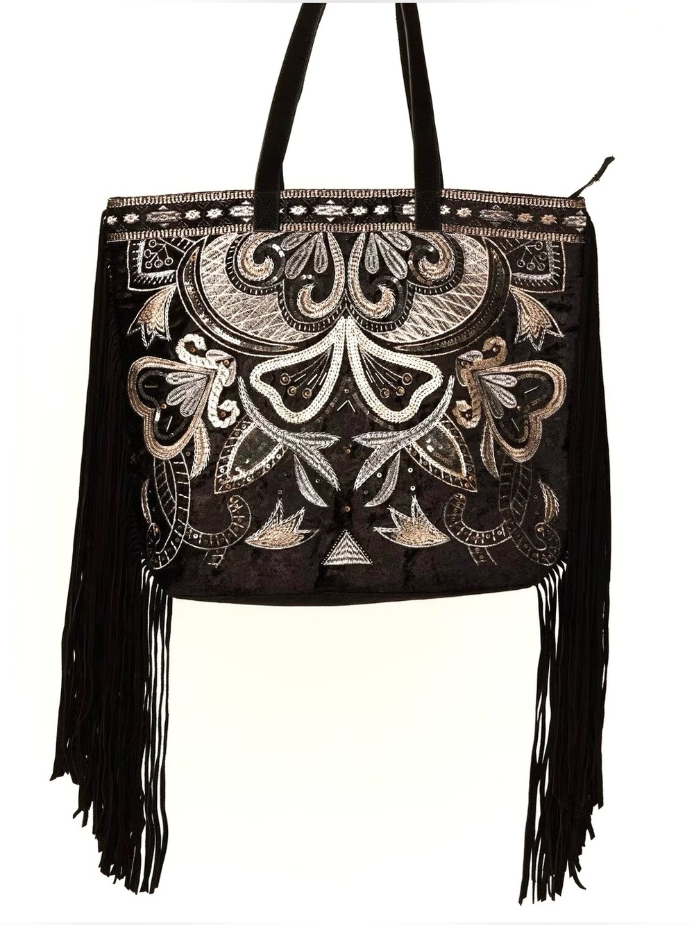 Shyanne Velvet Embroidered Beaded Suede Leather Fringe Black Large Tote Bag NWT